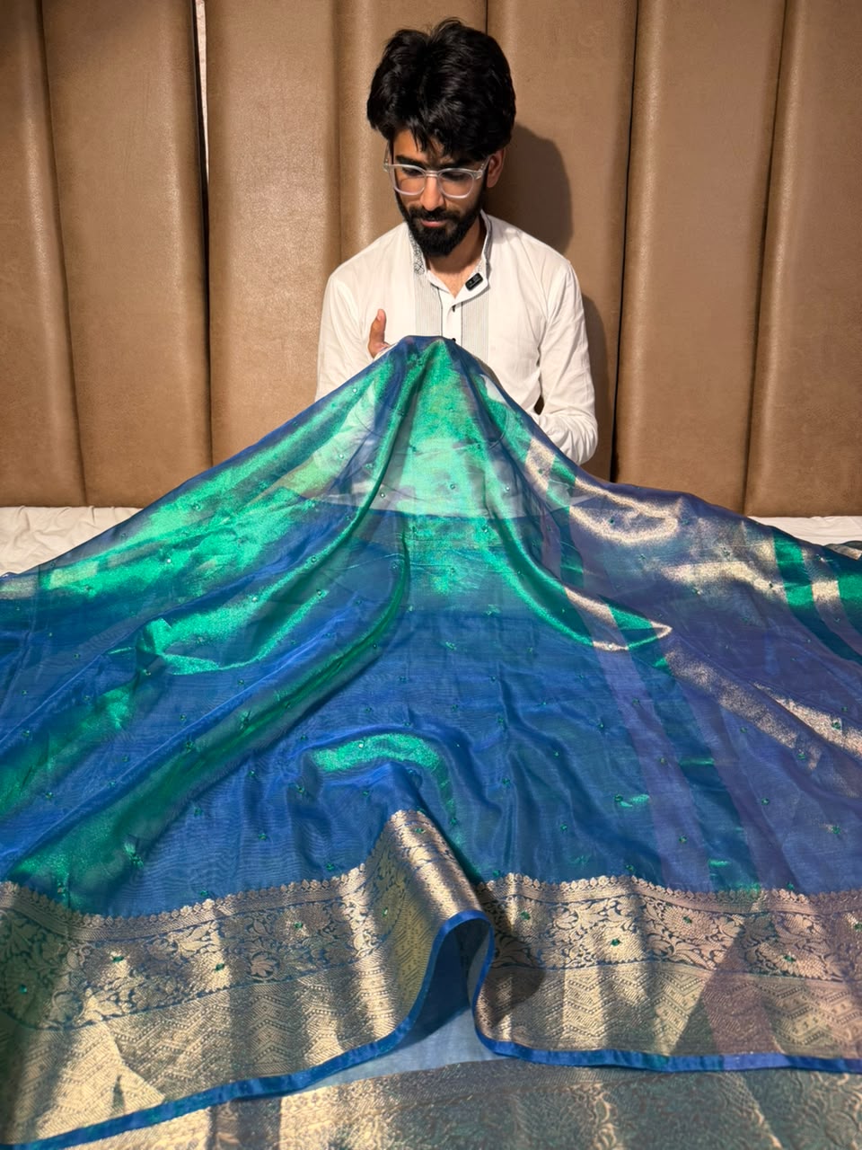 Rare Peacock Shade  Kora Tissue Mirror Work saree