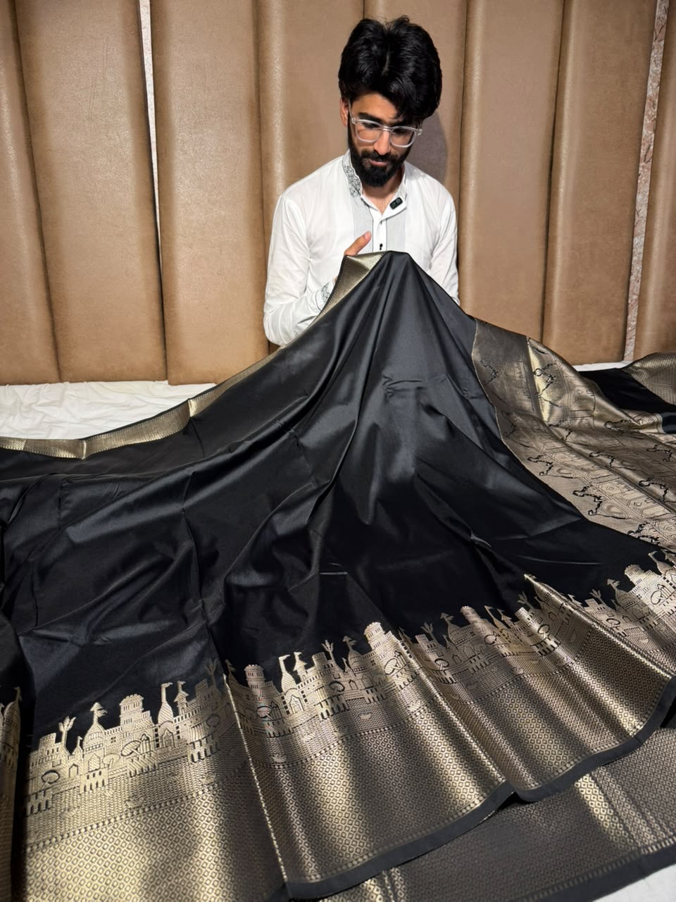 Jet Black Ghats Of Banarasi Soft Banarasi Silk Saree
