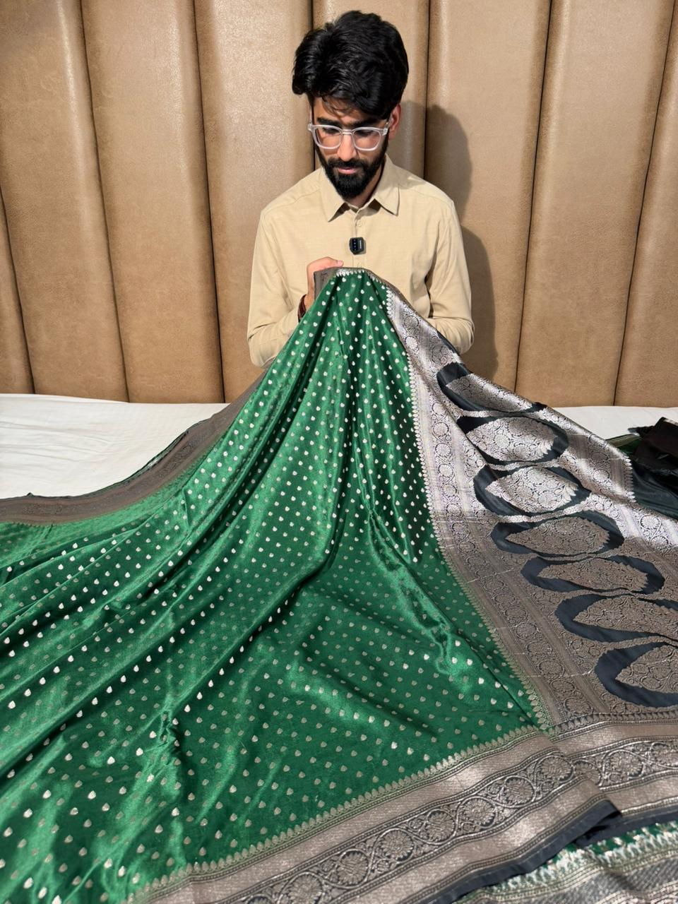 Bottle Green Mashru Katan Silk Buti Banarasi Saree