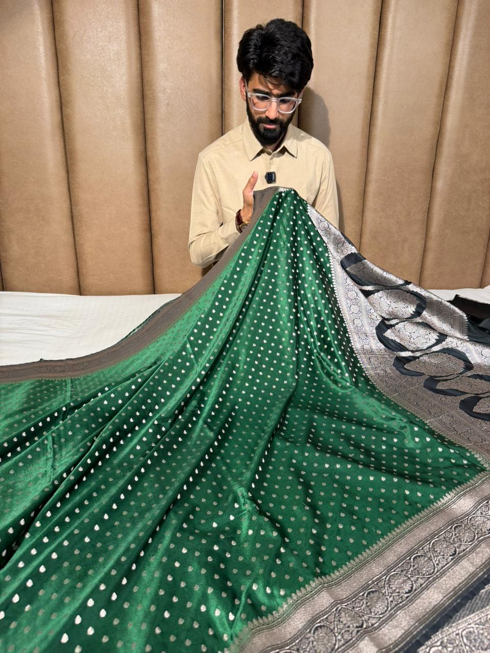 Bottle Green Mashru Katan Silk Buti Banarasi Saree