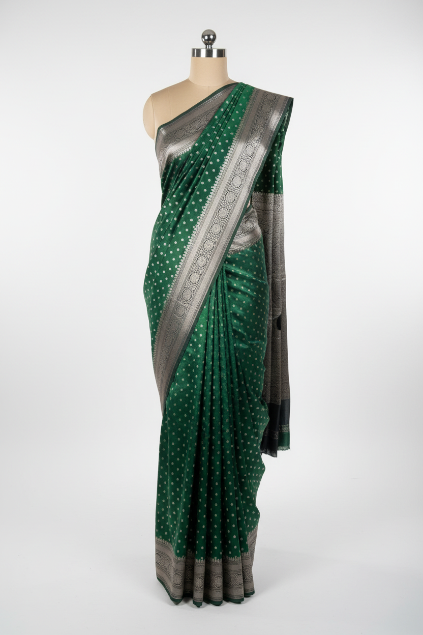 Bottle Green Mashru Katan Silk Buti Banarasi Saree