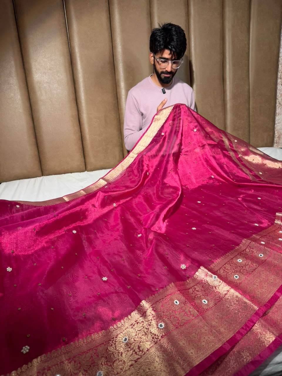 Rani Pink Kora Tissue Handwork Buta Saree