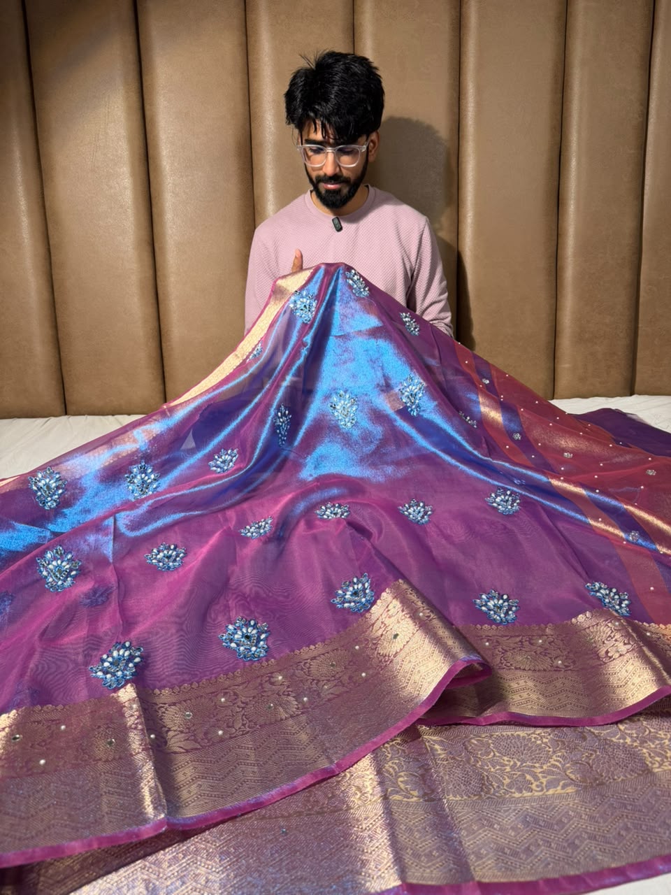 Cobalt Blue Kora Tissue Handwork Buta Saree 