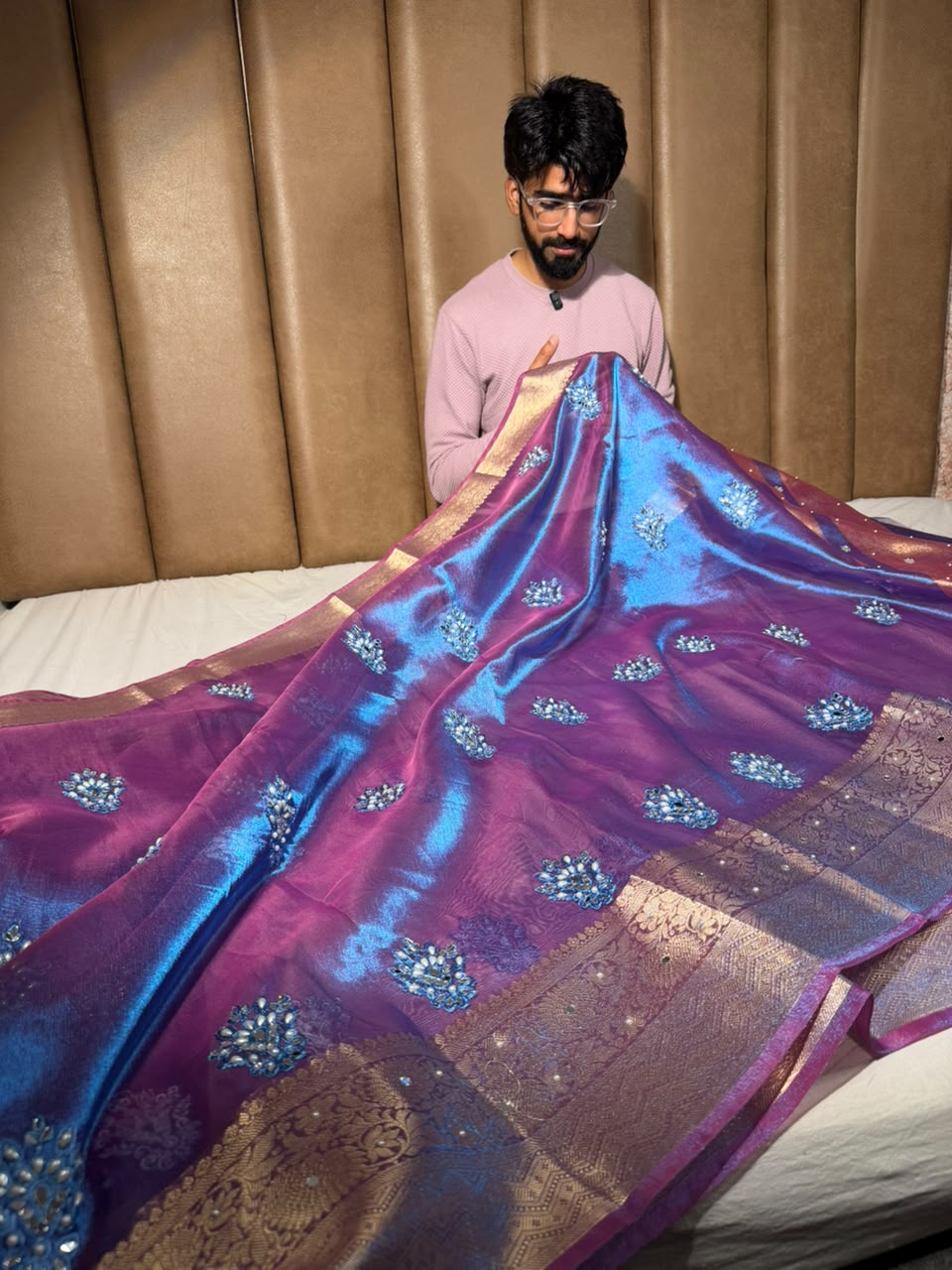 Cobalt Blue Kora Tissue Handwork Buta Saree 
