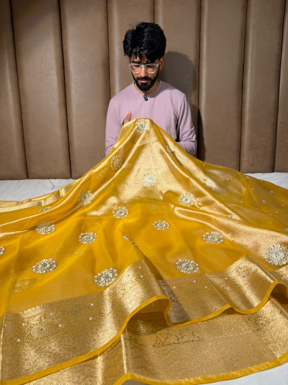 Metallic Yellow Kora Tissue Handwork Buta Saree 