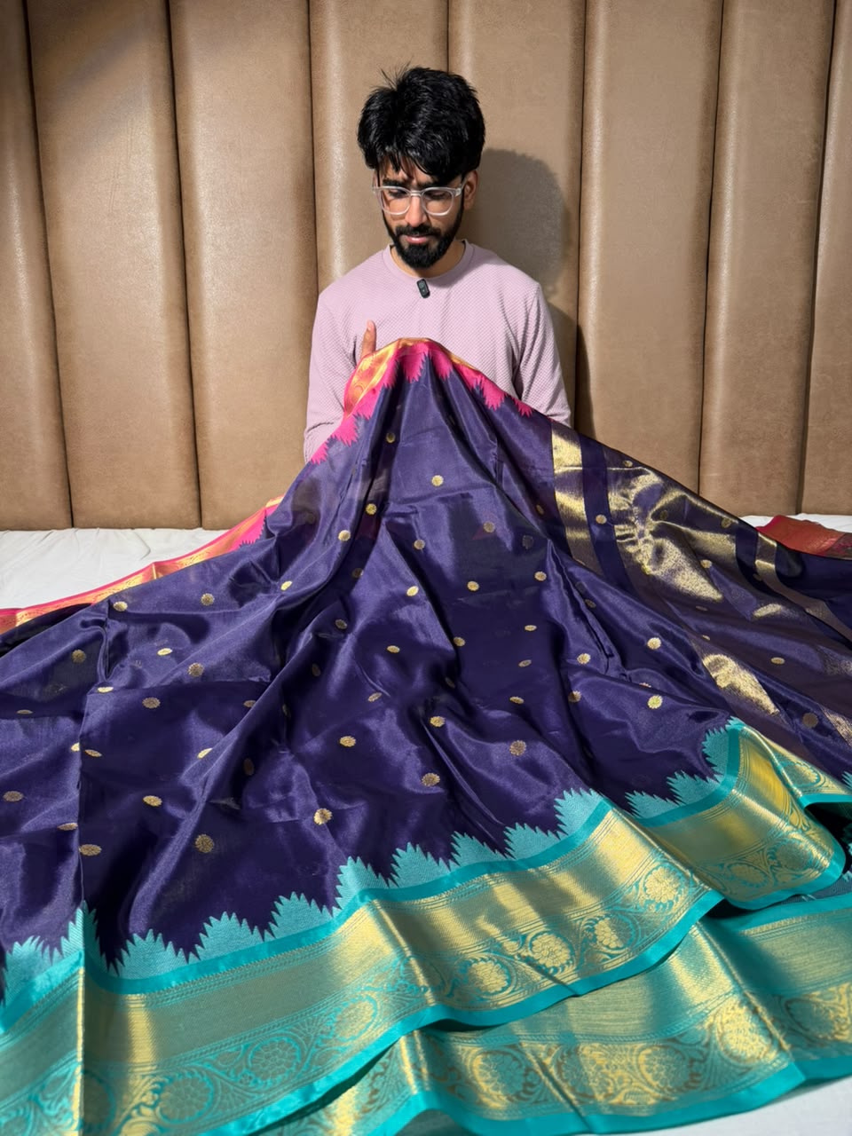 Ouda Blue Soft Banarasi Silk Temple Border Saree 