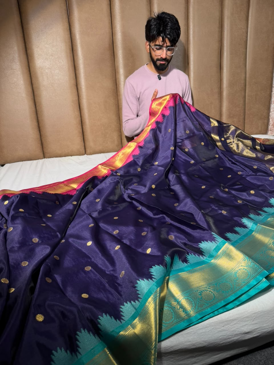 Ouda Blue Soft Banarasi Silk Temple Border Saree