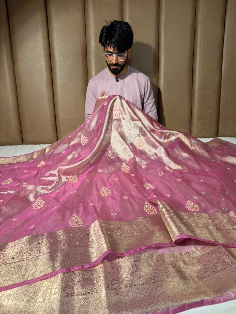 Barbie Pink Kora Tissue Handwork Buta Saree