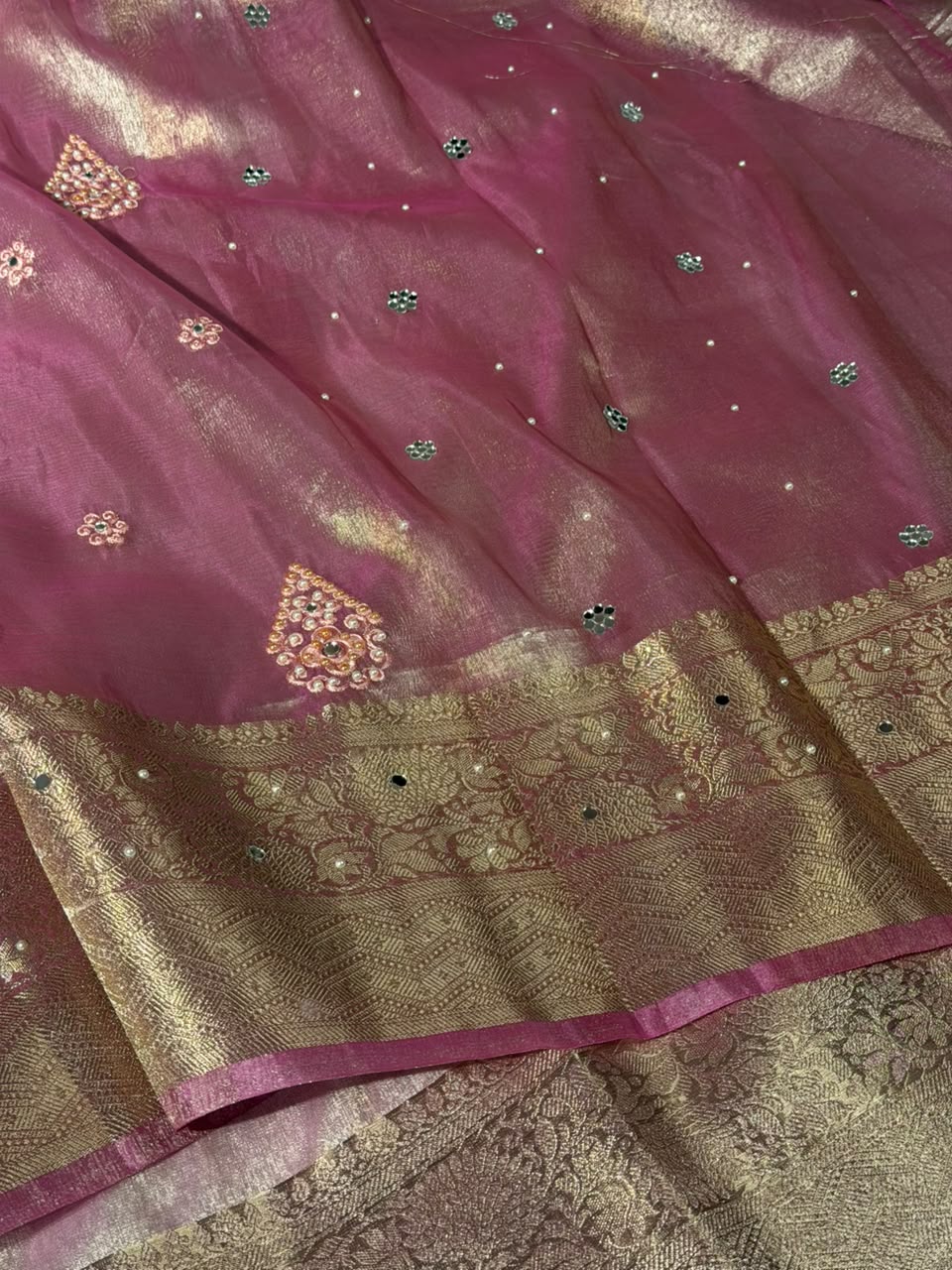 Barbie Pink Kora Tissue Handwork Buta Saree