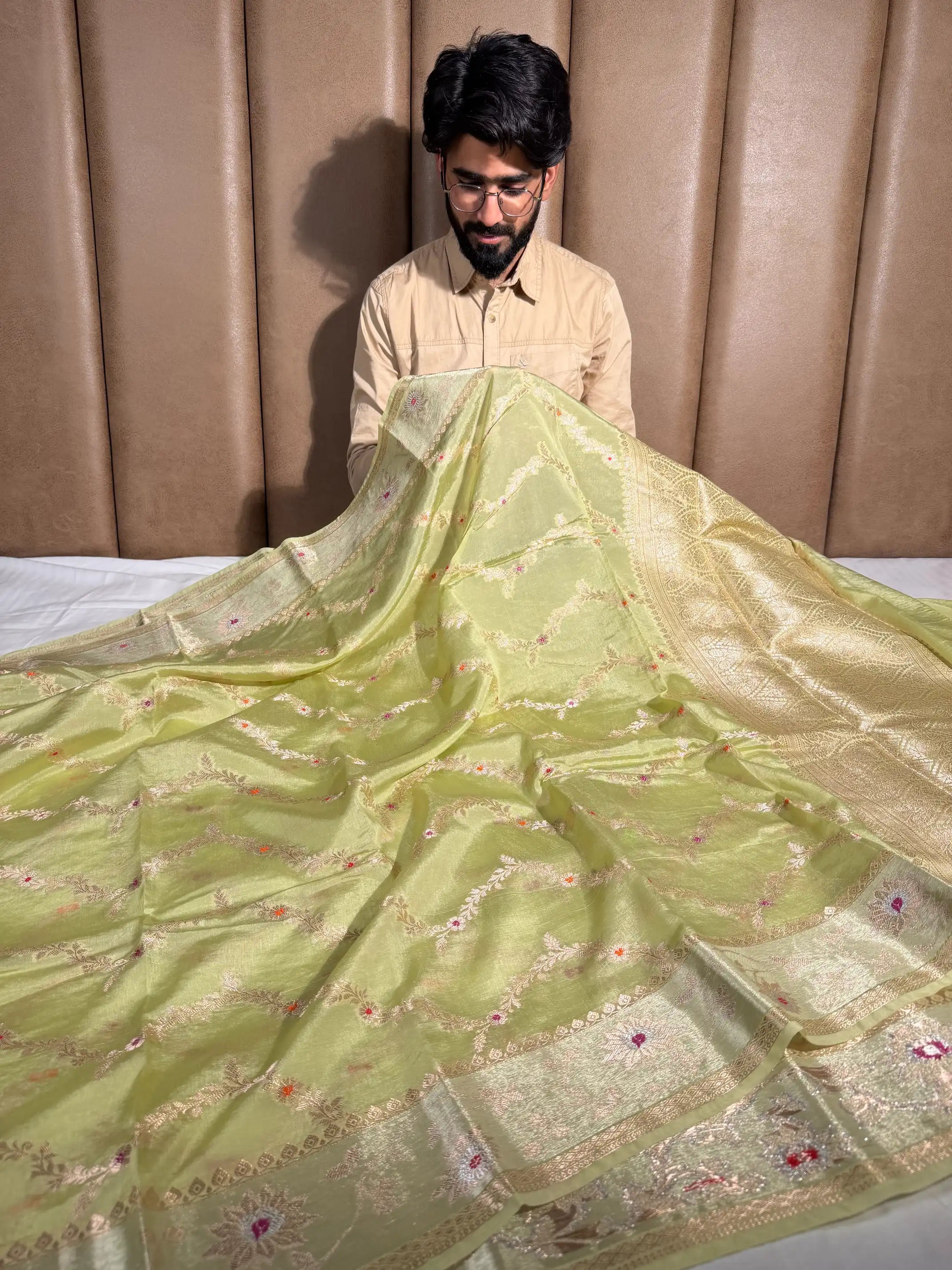 Pista Meenakari Weave Chinia Silk Banarasi Saree