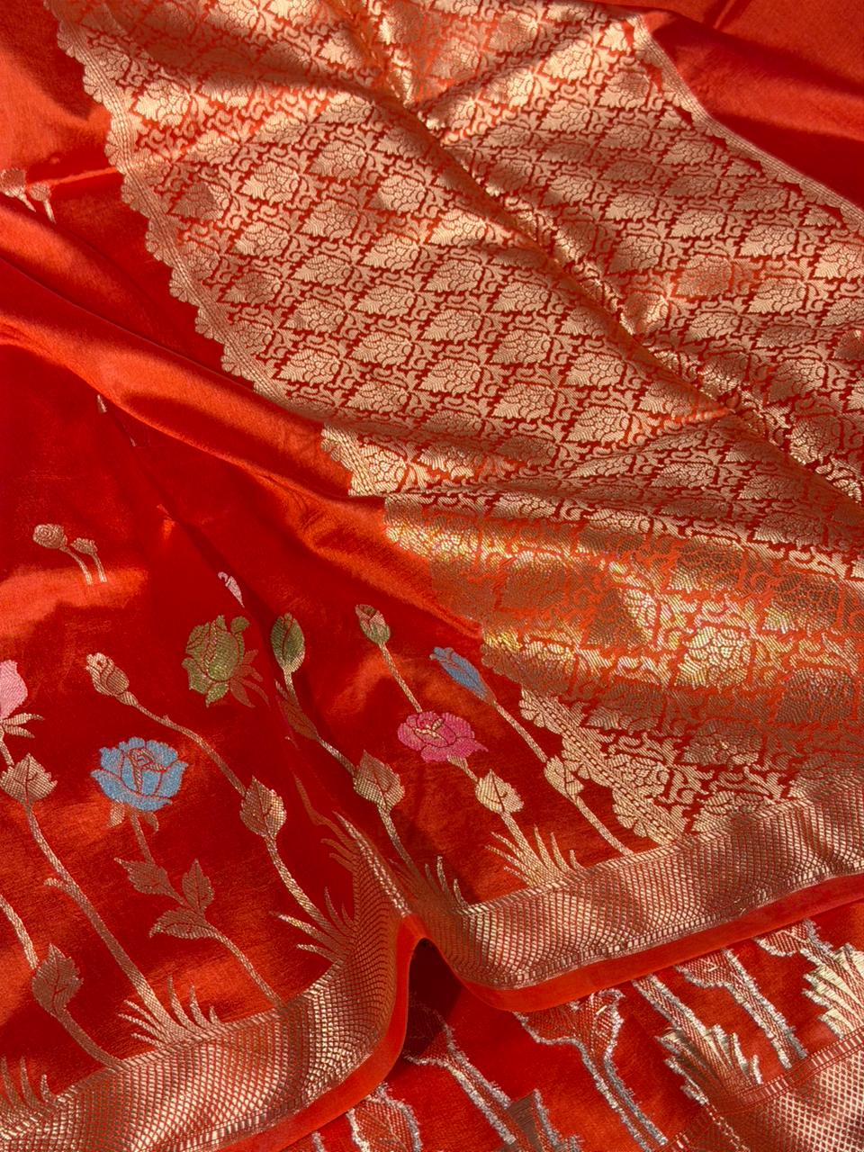 Rust Orange Floral Border Chinia Silk Banarasi Saree