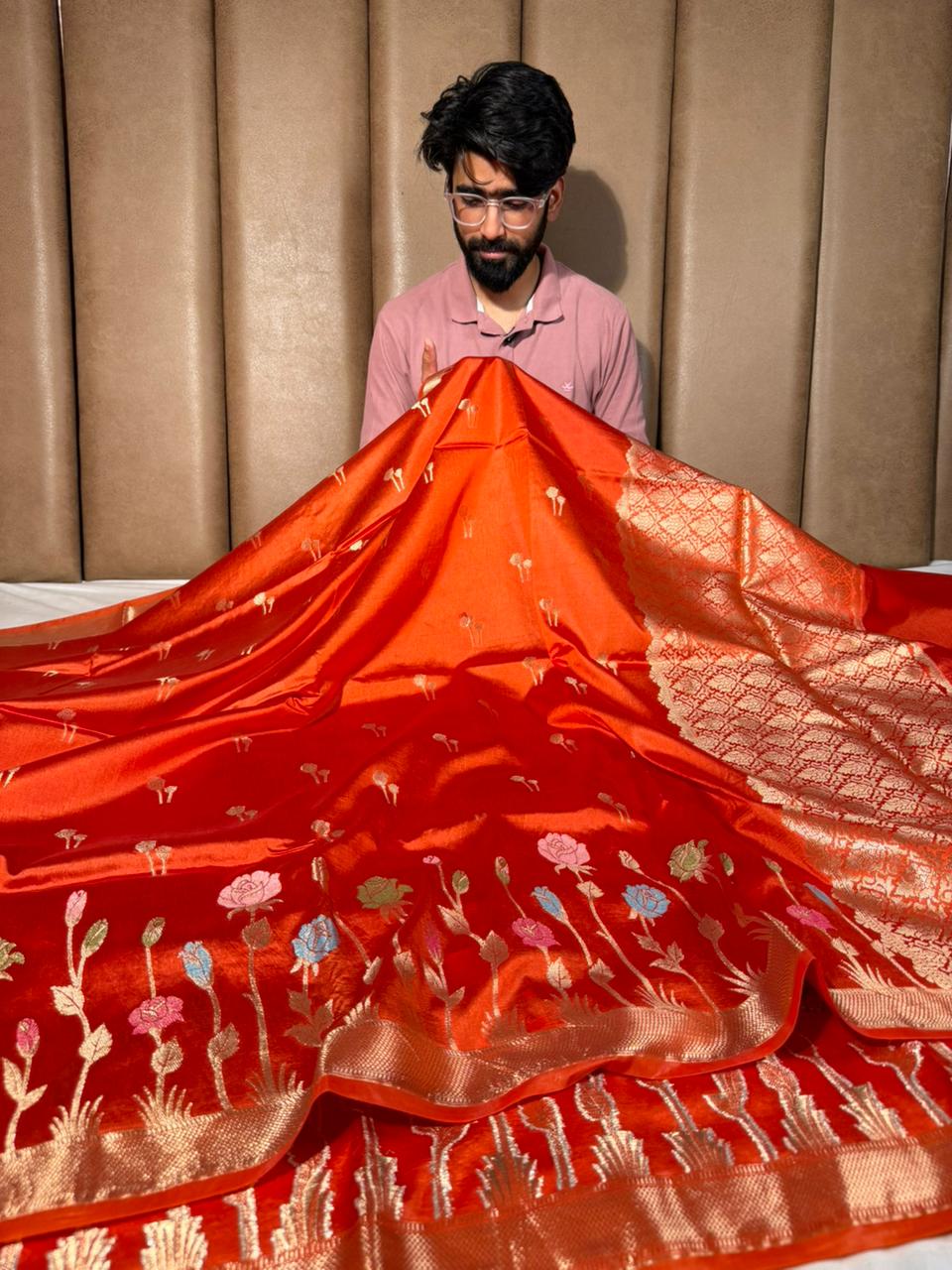 Rust Orange Floral Border Chinia Silk Banarasi Saree
