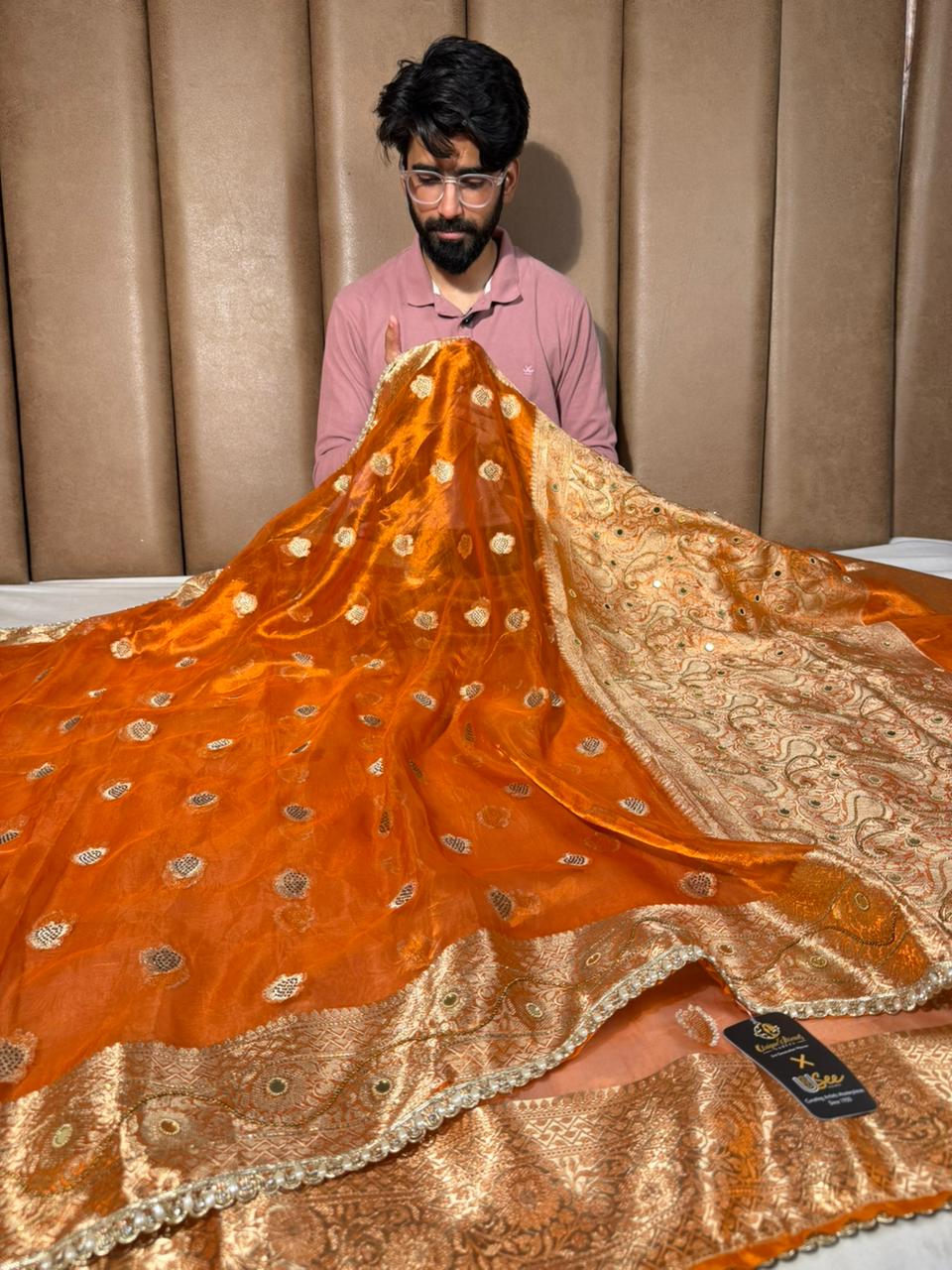 Metallic Orange Pure Tissue Silk Handwork Banarasi Saree