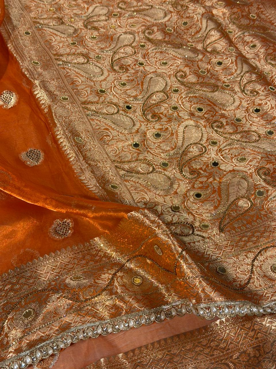 Metallic Orange Pure Tissue Silk Handwork Banarasi Saree