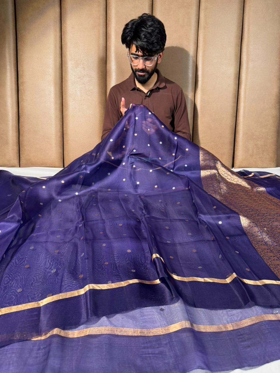 Handwoven Pure Organza Silk Purple Banarasi Saree