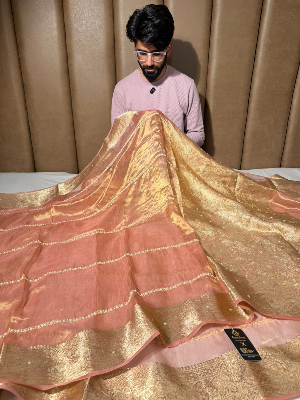 Light Peach Pure Tissue Silk Moti Handwork Saree