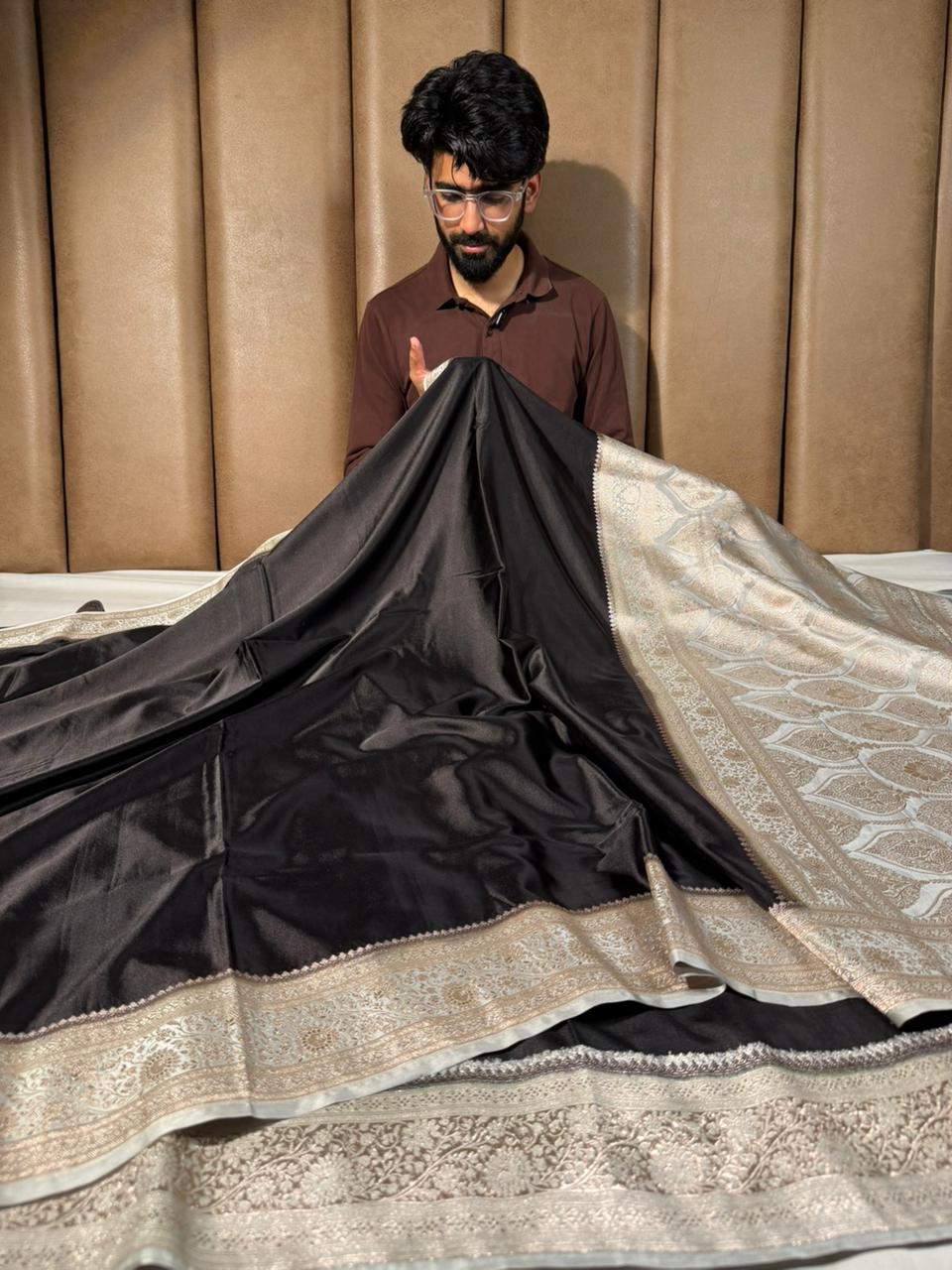 Shiny Black Mashru Katan Silk Banarasi Saree
