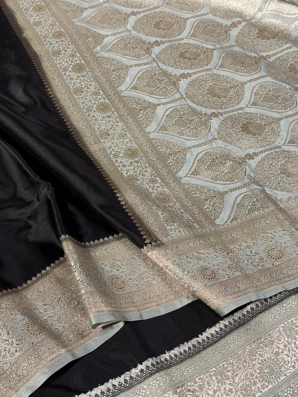 Shiny Black Mashru Katan Silk Banarasi Saree
