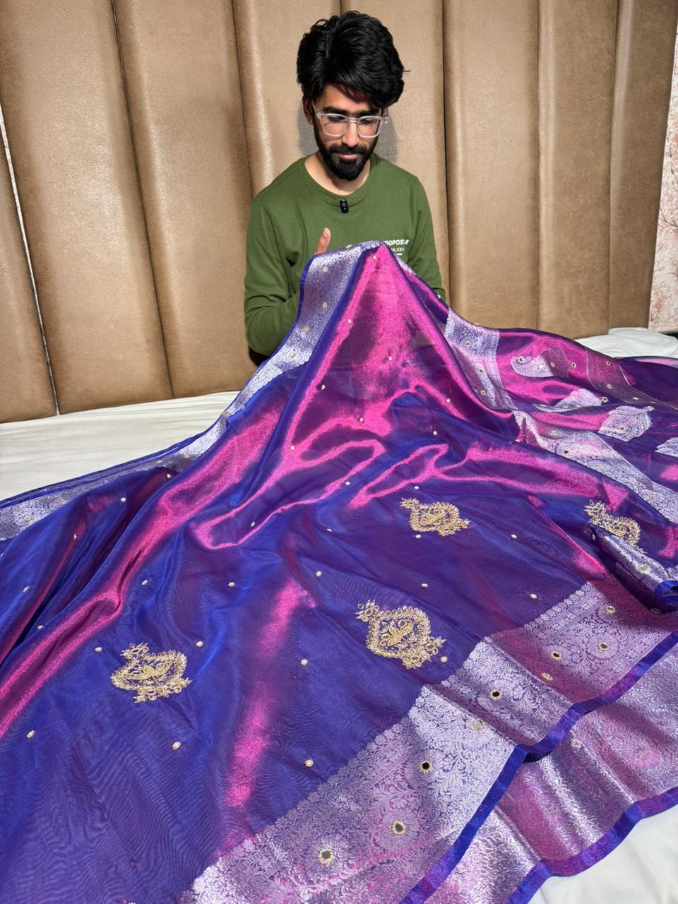 Rare Baigani Kora Tissue Handwork Banarasi Saree