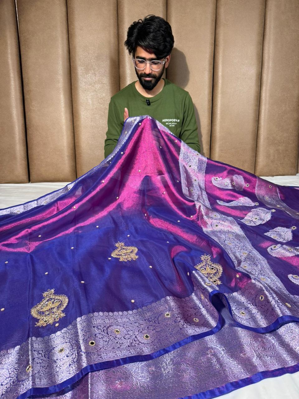 Rare Baigani Kora Tissue Handwork Banarasi Saree