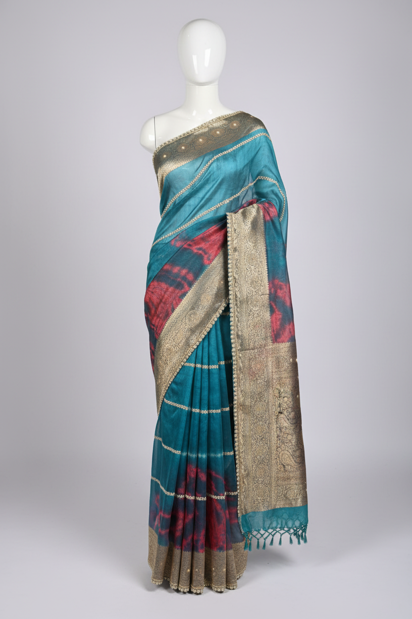 German Blue Pure Tissue Pearl Handwork Saree