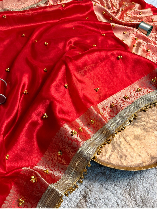 Metallic Red Kora Tissue Viral Ghungroo Saree