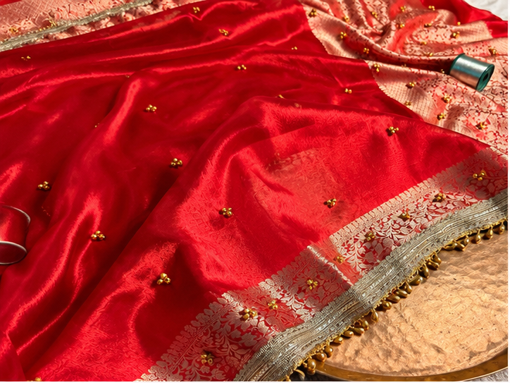 Metallic Red Kora Tissue Viral Ghungroo Saree