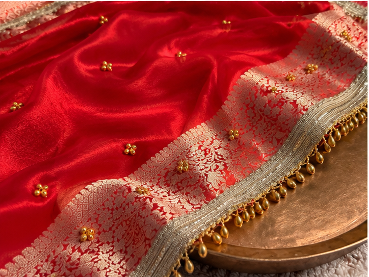 Metallic Red Kora Tissue Viral Ghungroo Saree