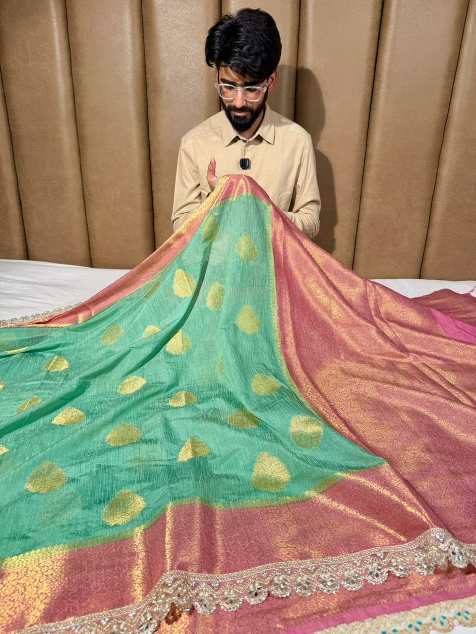 Mint Green Matka Silk Pearl Gota Designer Saree