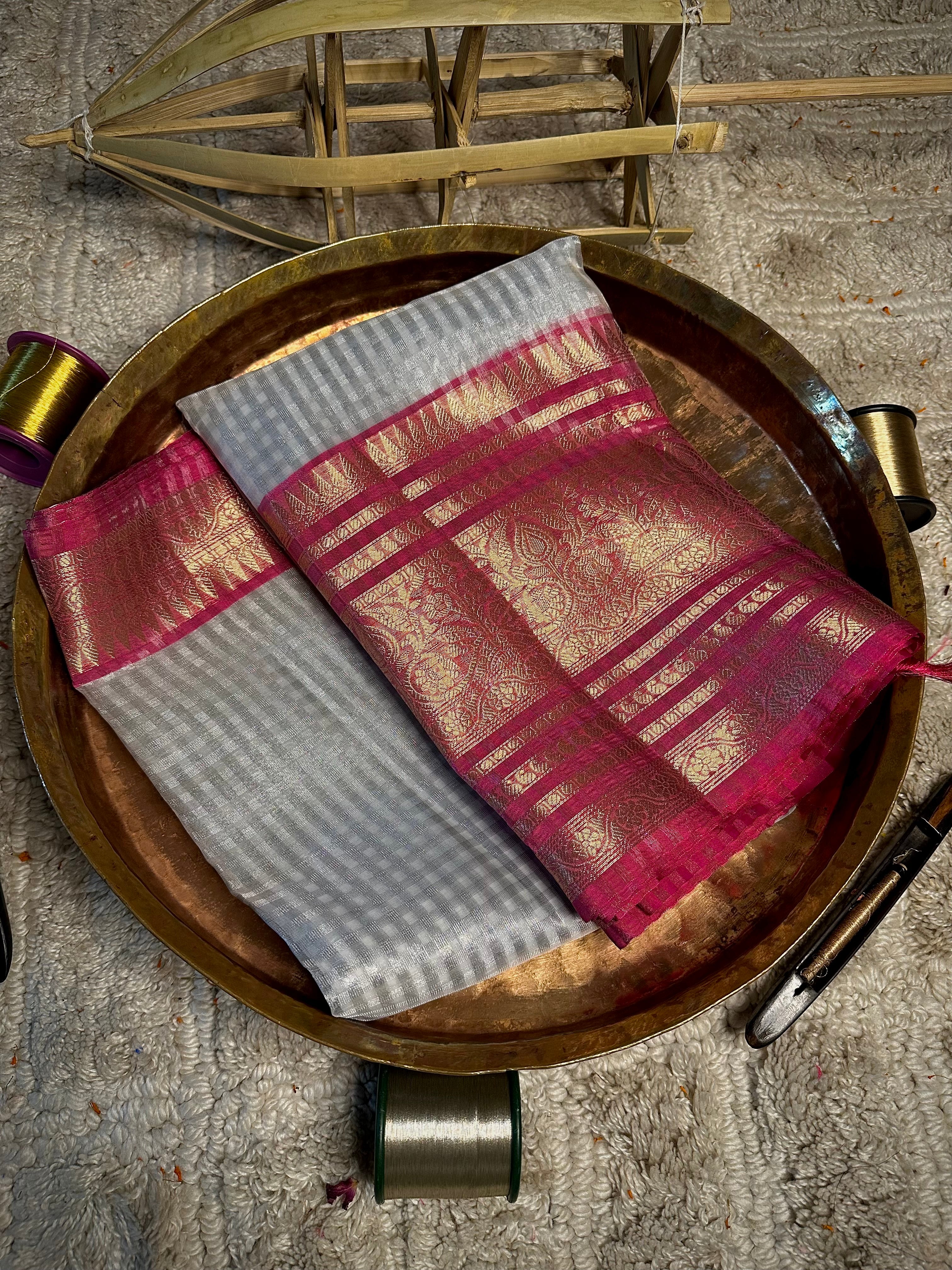 Silver Zari Checks Weave Soft Tissue Banarasi Saree