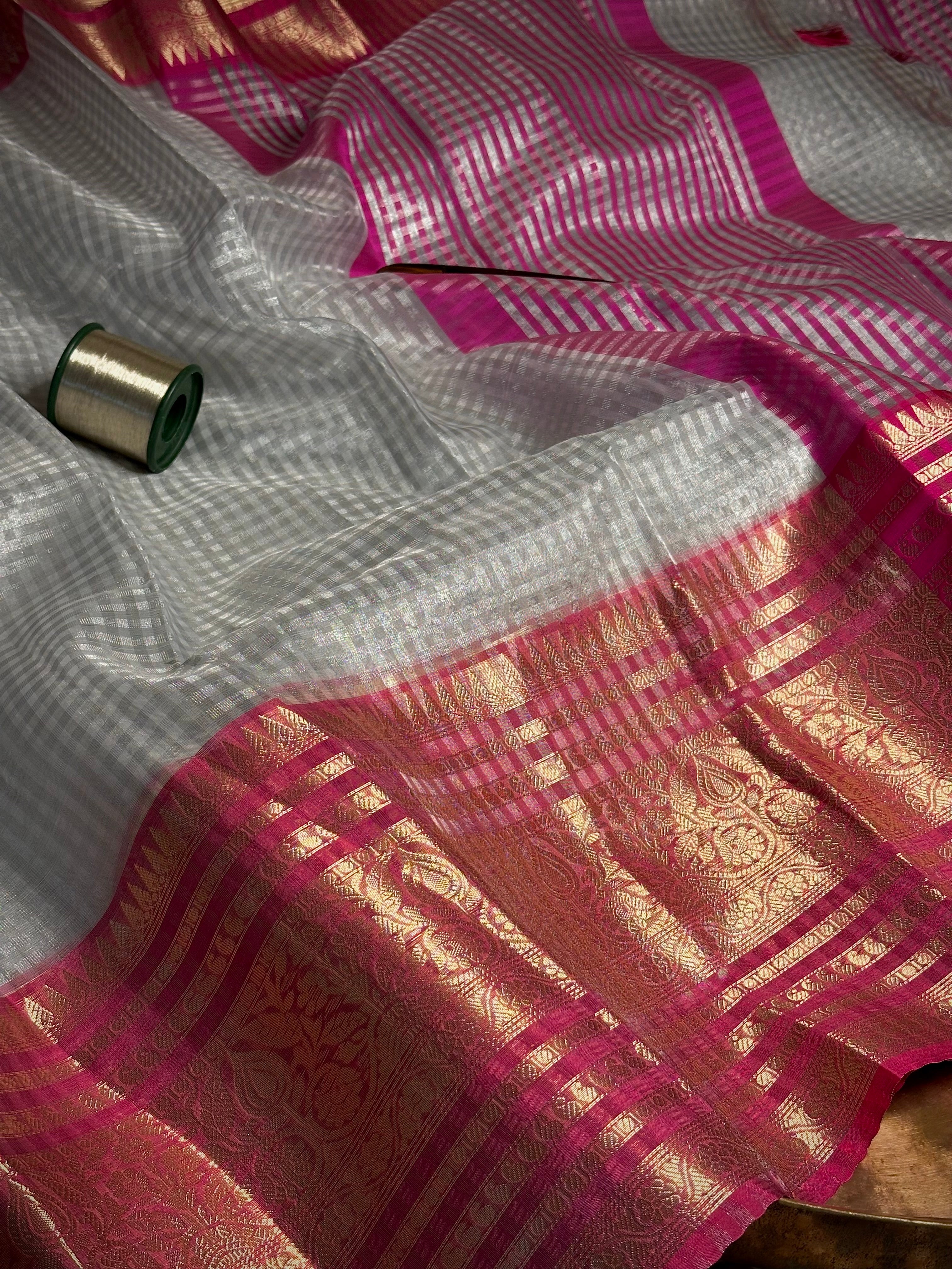 Silver Zari Checks Weave Soft Tissue Banarasi Saree