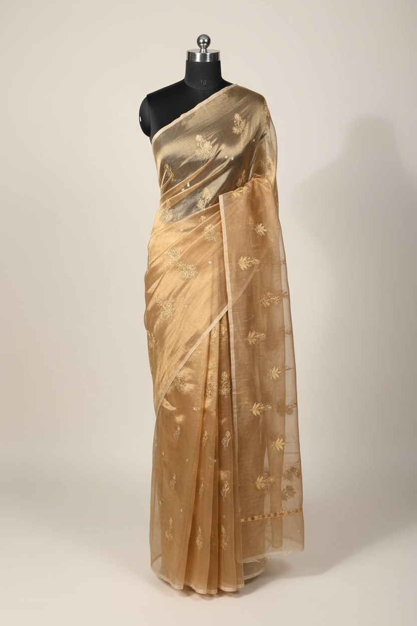 Light Gold Handwoven Pure Tissue Silk Handwork Banarasi Saree