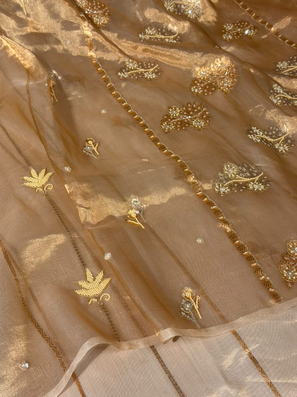 Light Gold Handwoven Pure Tissue Silk Handwork Banarasi Saree