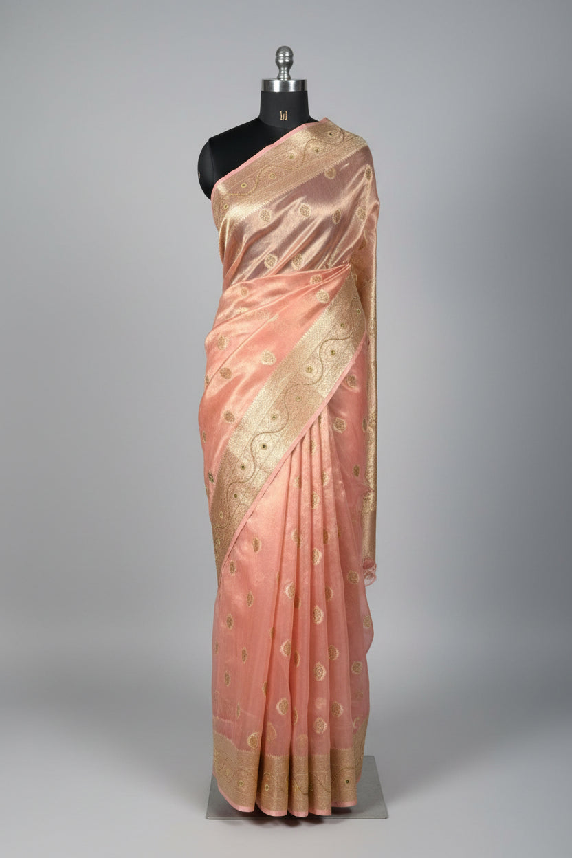 Metallic Peach Pure Tissue Silk Handwork saree 