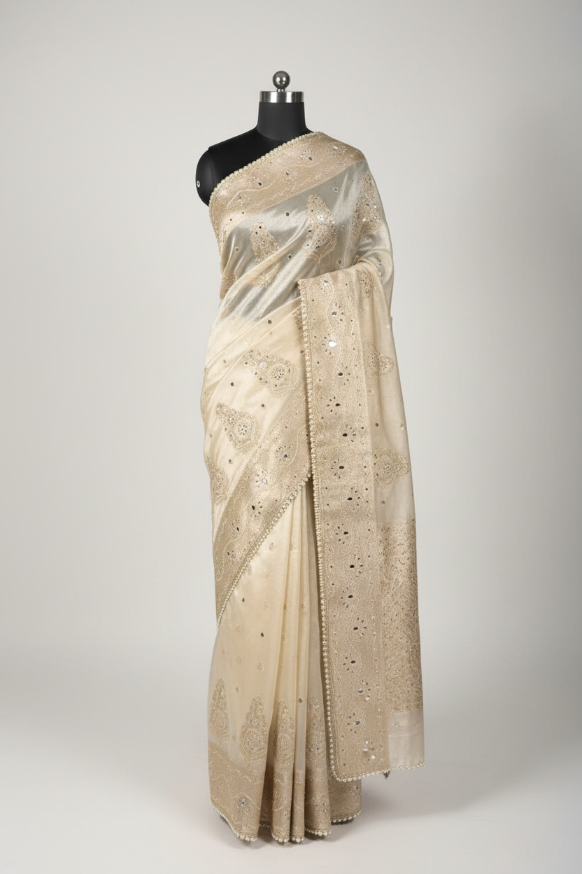 Majestic Mirror Work Kora Tissue Banarasi Saree