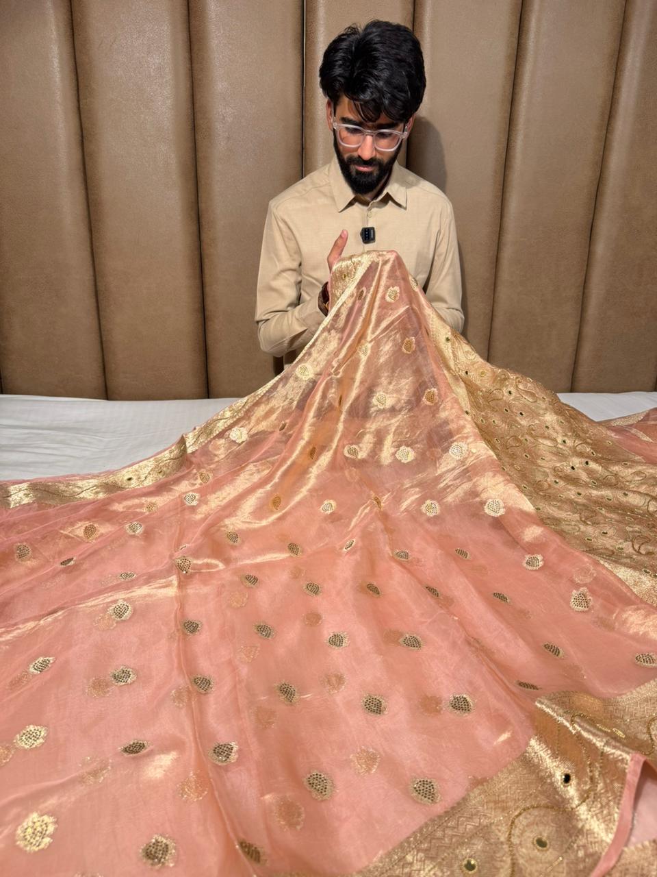 Metallic Peach Pure Tissue Silk Handwork saree 