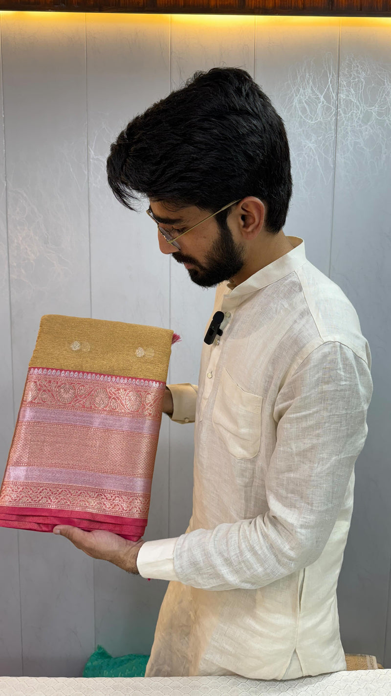 Gold Color Crush Tissue Silk Saree With Beautiful Border