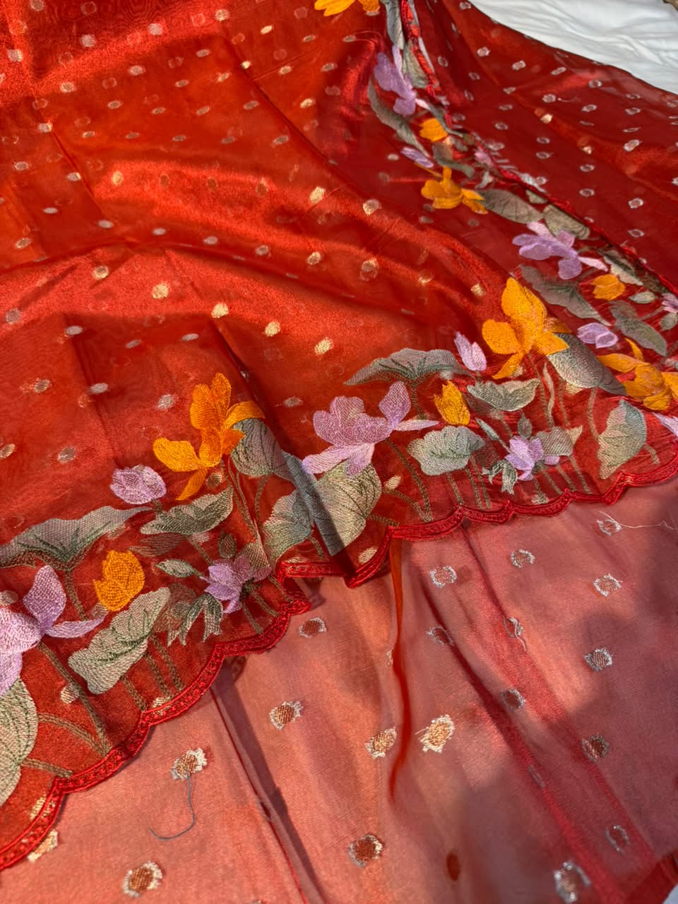 Metallic Red Kora Tissue Crochet Embroided Saree