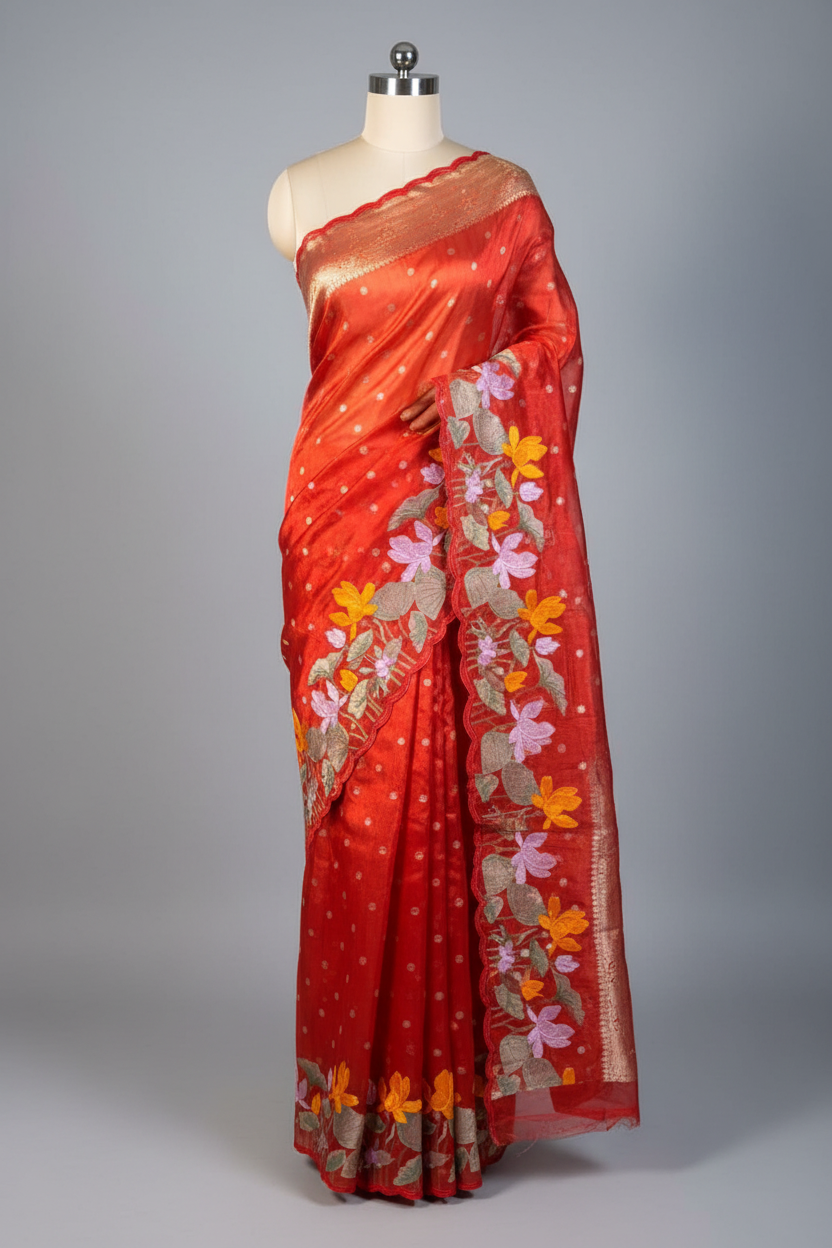 Metallic Red Kora Tissue Crochet Embroided Saree