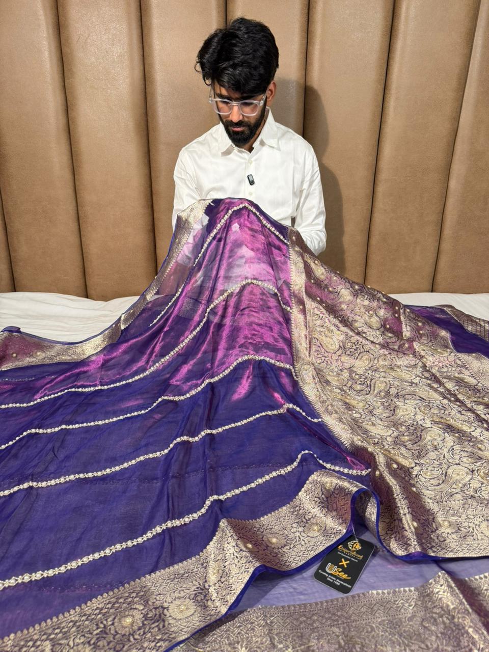 Metallic Purple Pure Tissue Silk Moti Handwork Saree