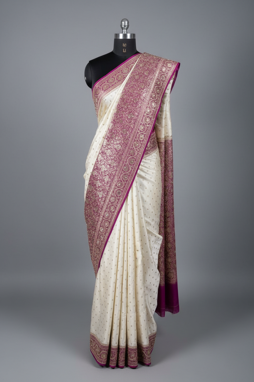 Cream - Majenta Mashru Katan Silk Zardosi Handwork Saree
