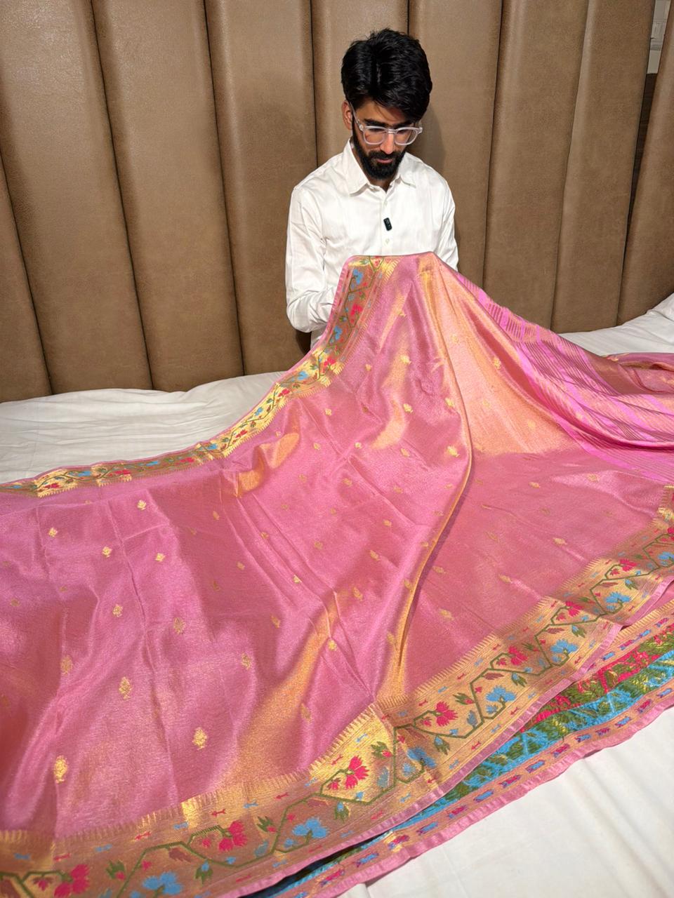 Baby Pink Ikkat Border Premium Tissue Banarasi Saree