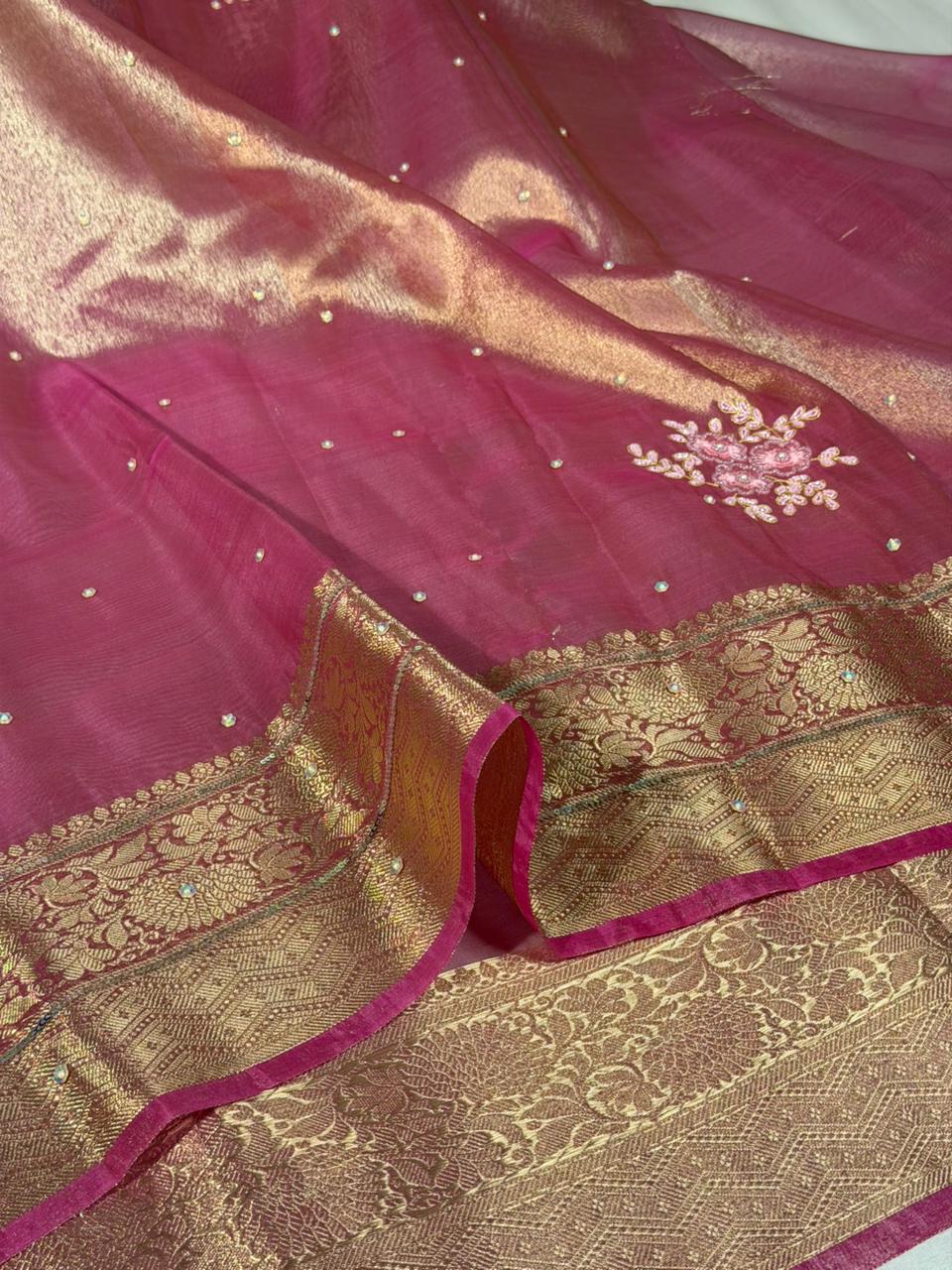 Barbie Pink Kora Tissue Silk Embroidered Saree