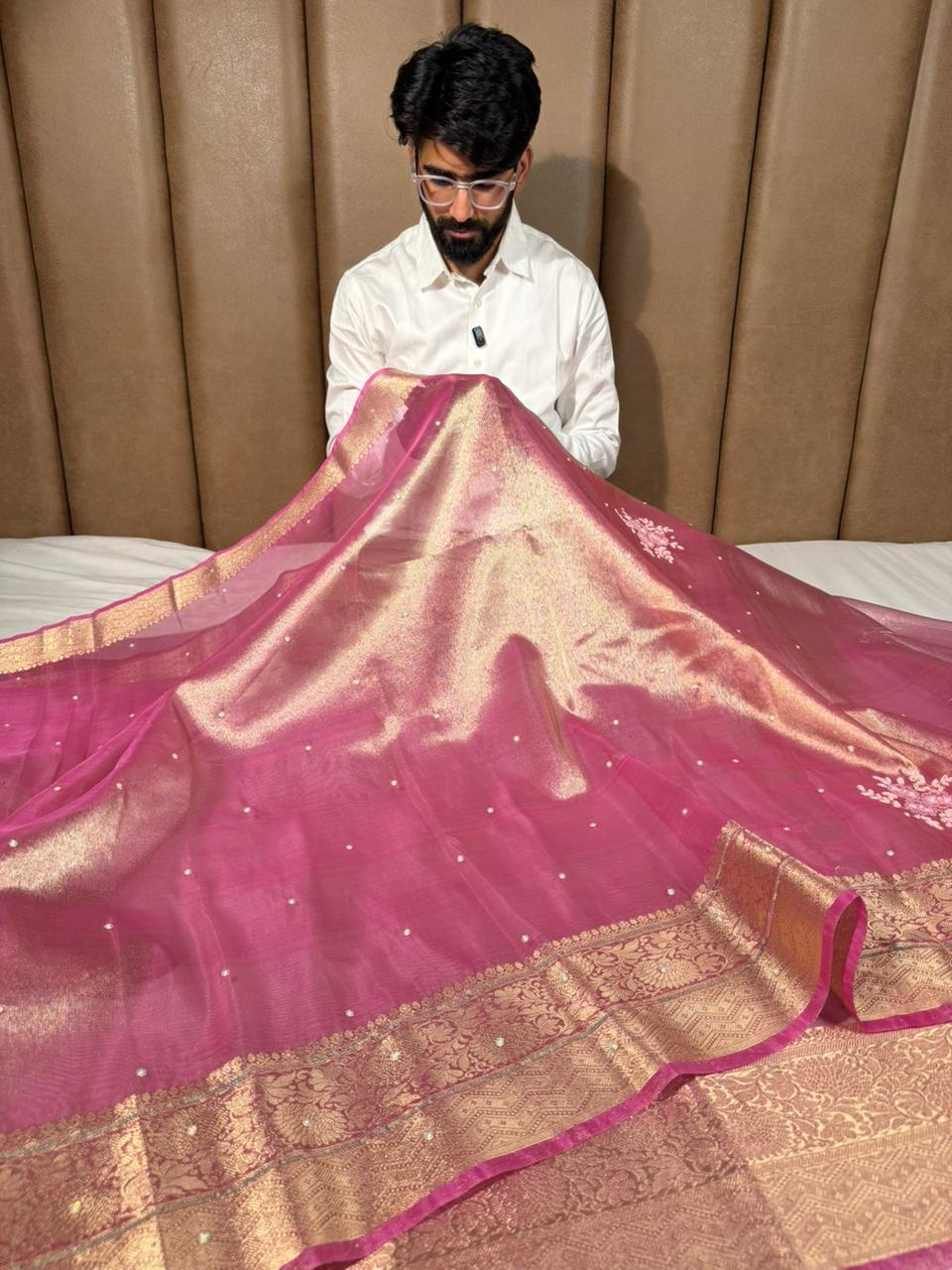 Barbie Pink Kora Tissue Silk Embroidered Saree