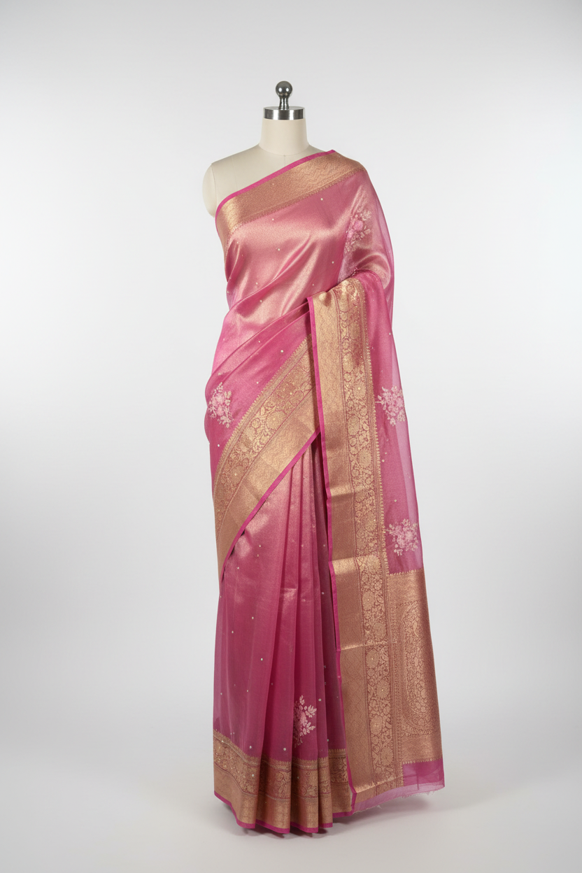 Barbie Pink Kora Tissue Silk Embroidered Saree